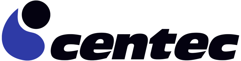 Centred logo: blue teardrop shape with a black circle above, followed by bold lowercase 'centred' text.